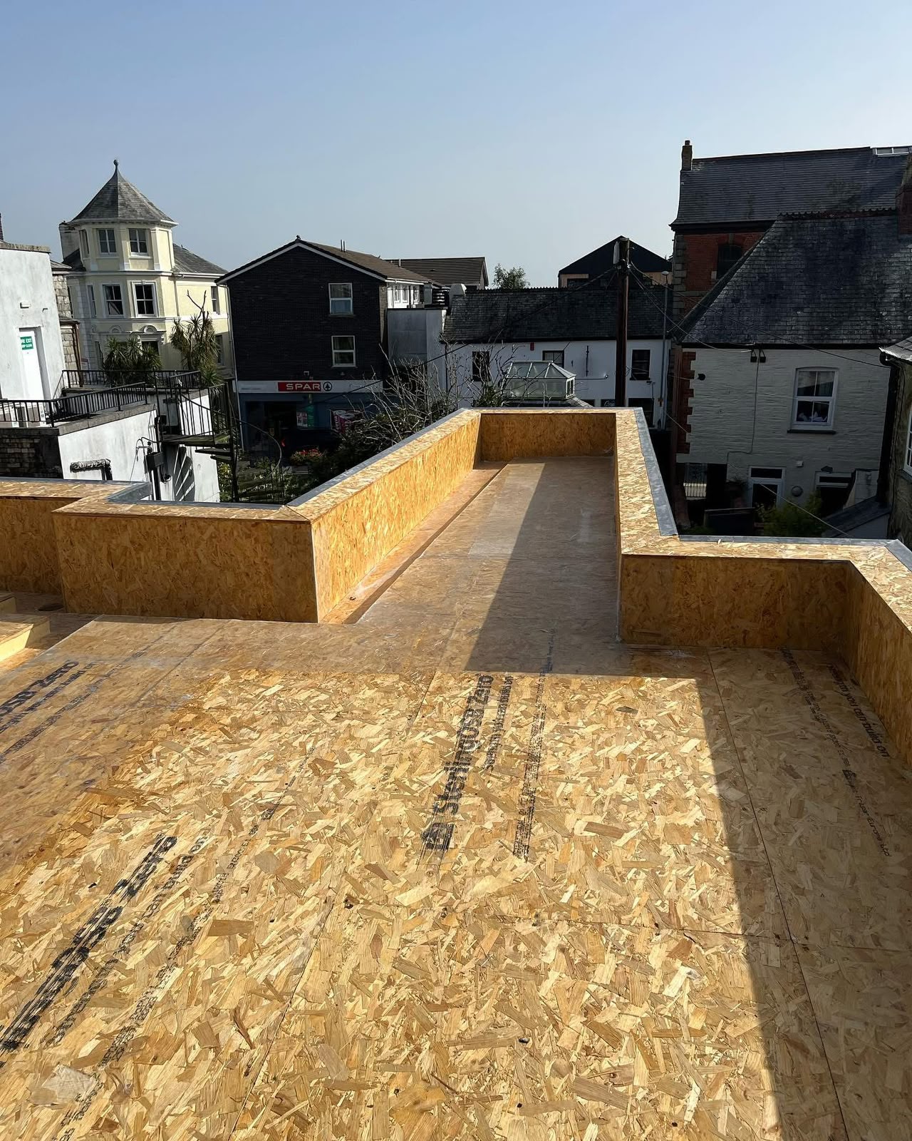 Flat roof joists and OSB decking on a commercial refurbishment in Cornwall